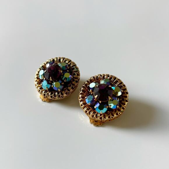 Vintage Aurora Borealis Rhinestone Clip On Earrings Blue Gold - Picture 2 of 11